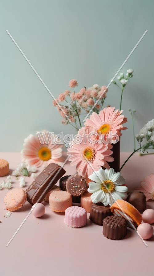 Schöne Blumen und Süßigkeiten auf einem pastellfarbenen Tisch