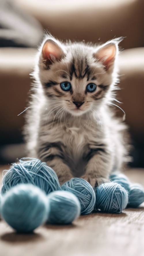 A kitten with striking blue eyes playing with a ball of yarn in a cozy living room.