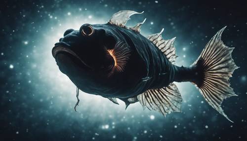一条孤独的深海琵琶鱼在漆黑的环境中照亮自己的道路。