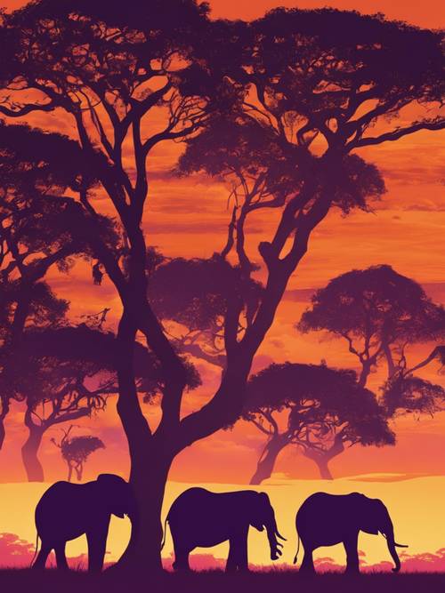 Sabana Afrika dengan siluet gajah melawan matahari terbenam oranye dan ungu.