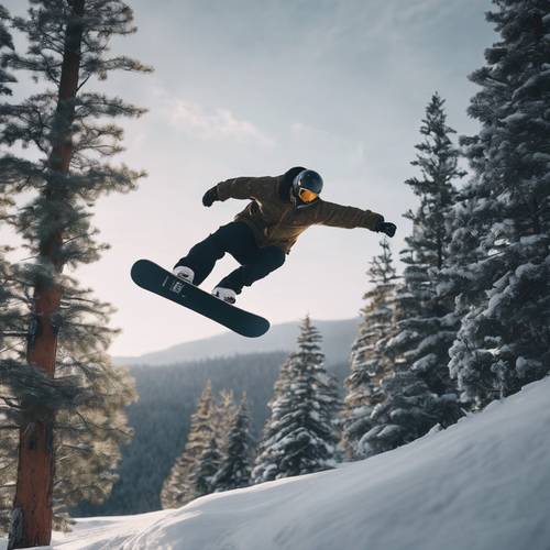 Snowboarder creating a picturesque image while sailing through a curve surrounded by pine trees.