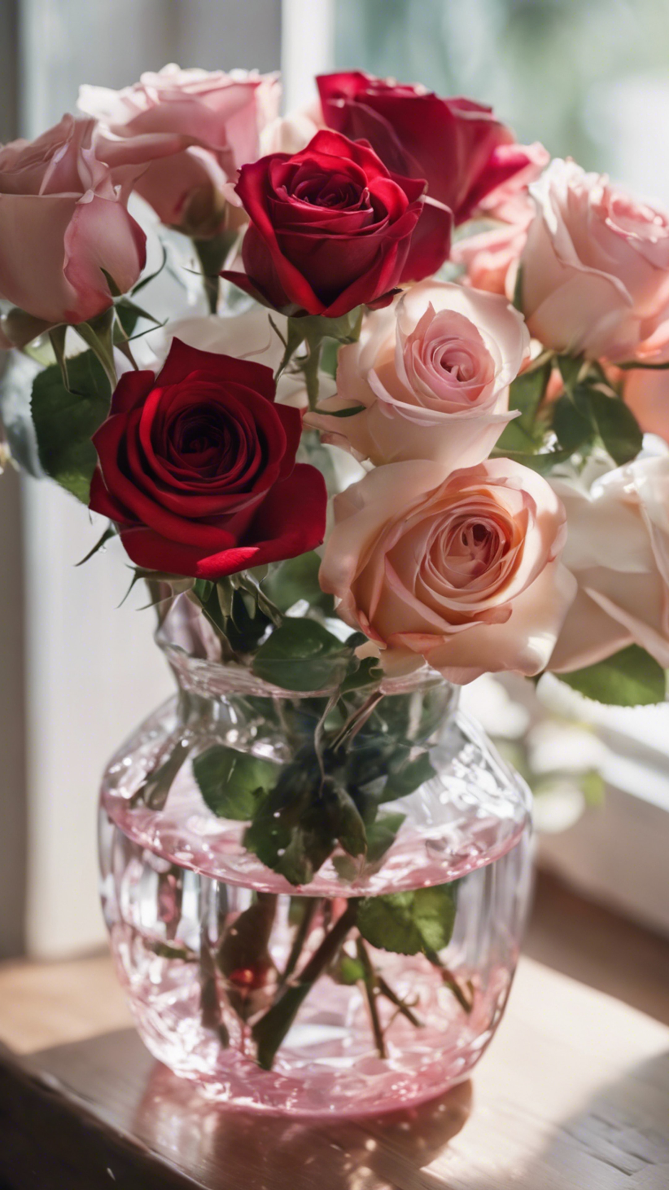 A bouquet of assorted roses in shades of red, pink, and white, held in a crystal-clear glass vase. Wallpaper[66024fff7fef47a387df]