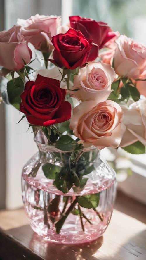 Um buquê de rosas variadas em tons de vermelho, rosa e branco, guardado em um vaso de vidro cristalino.