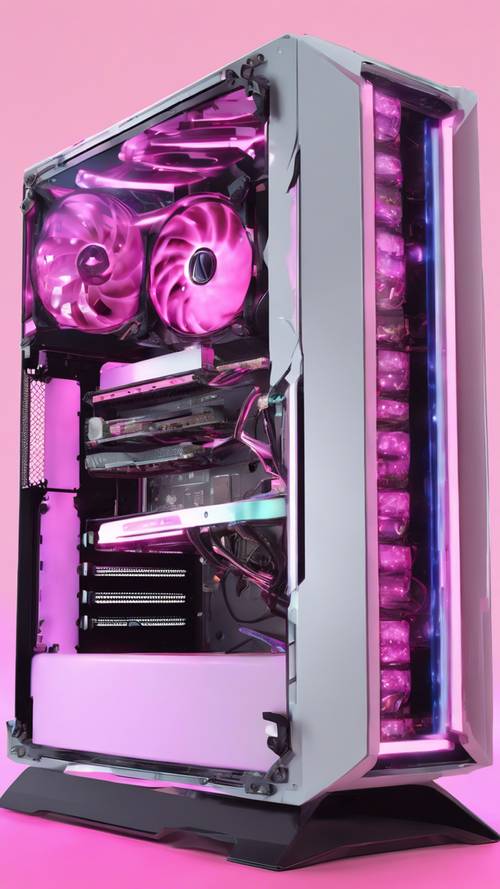 Komputer gaming berperforma tinggi dengan panel samping transparan yang memperlihatkan komponen lampu LED berwarna merah muda pastel.