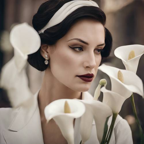 Bunga calla lily putih menghiasi rambut seorang wanita yang mengenakan pakaian vintage bergaya tahun 1920-an.