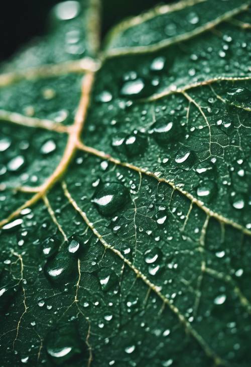 Close-up of a dark green textured leaf revealing intricate veins and droplets of dew.
