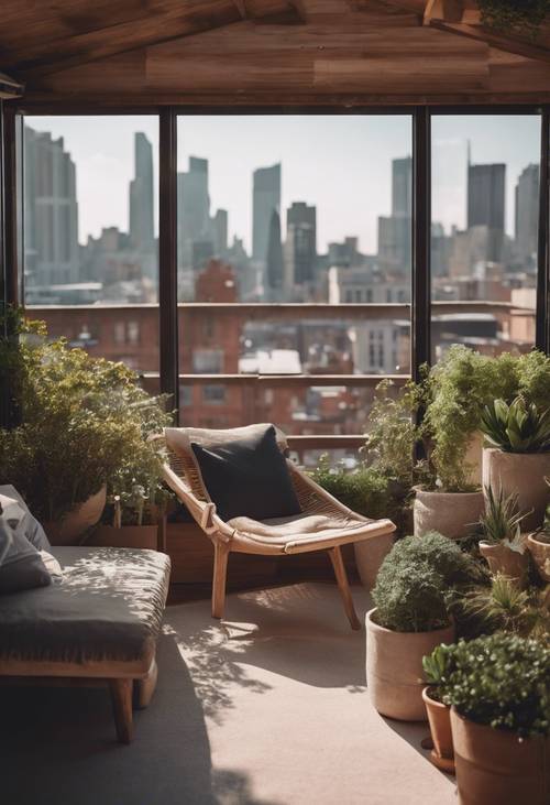 An intimate roof garden with elements of a cozy reading nook and a city skyline view.