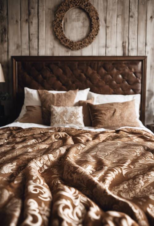 Un&#39;elegante trapunta damascata marrone che diffonde calore in una camera da letto rustica