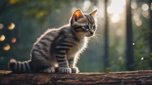 قطة صغيرة من نوع Cymric تتميز بجمالها الفريد وتجلس على جذع شجرة ضخم يطل على غابة مهيبة يغمرها ضوء القمر.