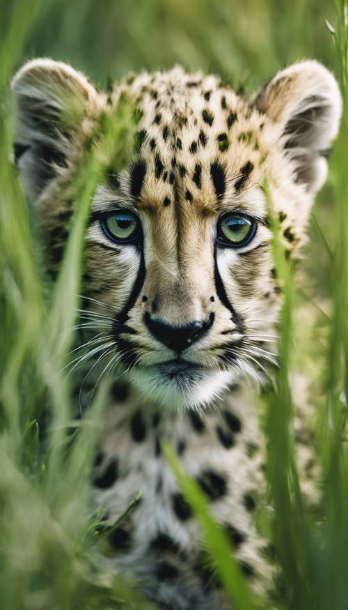 Un petit guépard vert qui regarde timidement derrière les hautes herbes.