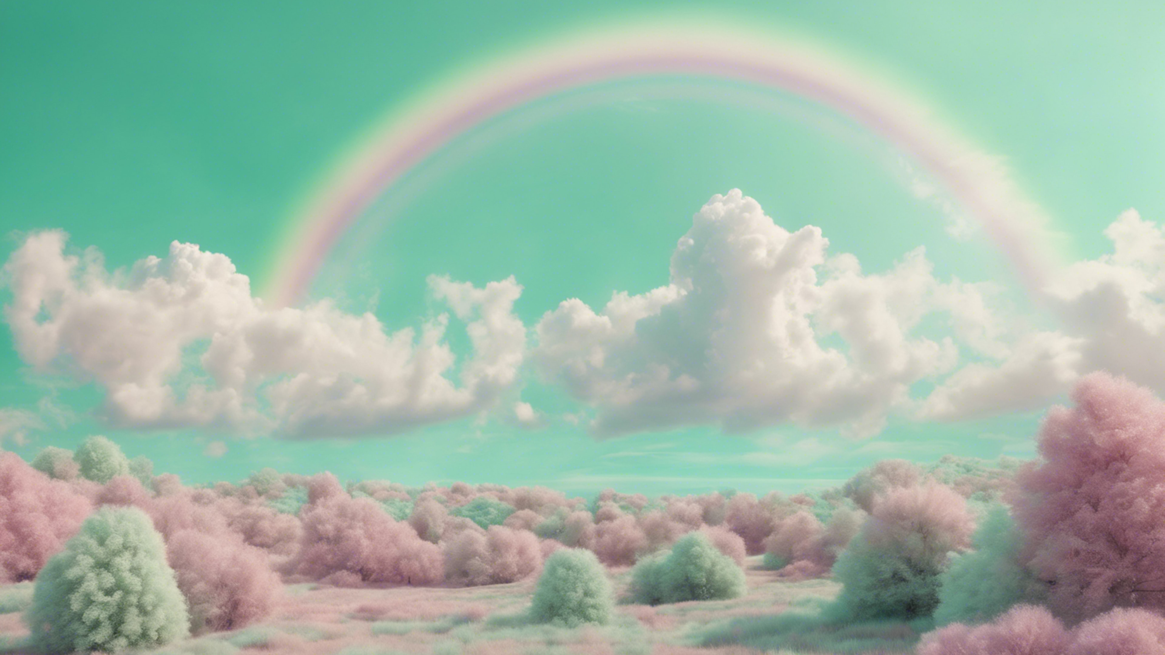 Surrealistic mint green landscape with kawaii styled pastel rainbows and fluffy clouds.壁紙[5137fd613a9a4b85a9d3]