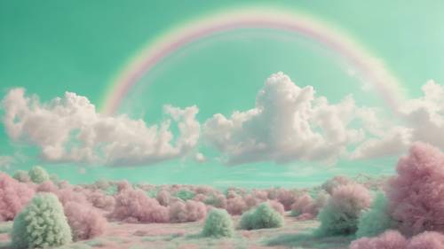 Surrealistic mint green landscape with kawaii styled pastel rainbows and fluffy clouds.
