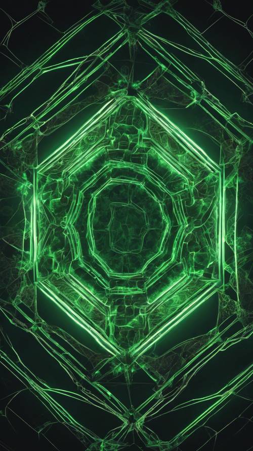 A luminous green geometric fractal glowing against a dark background.