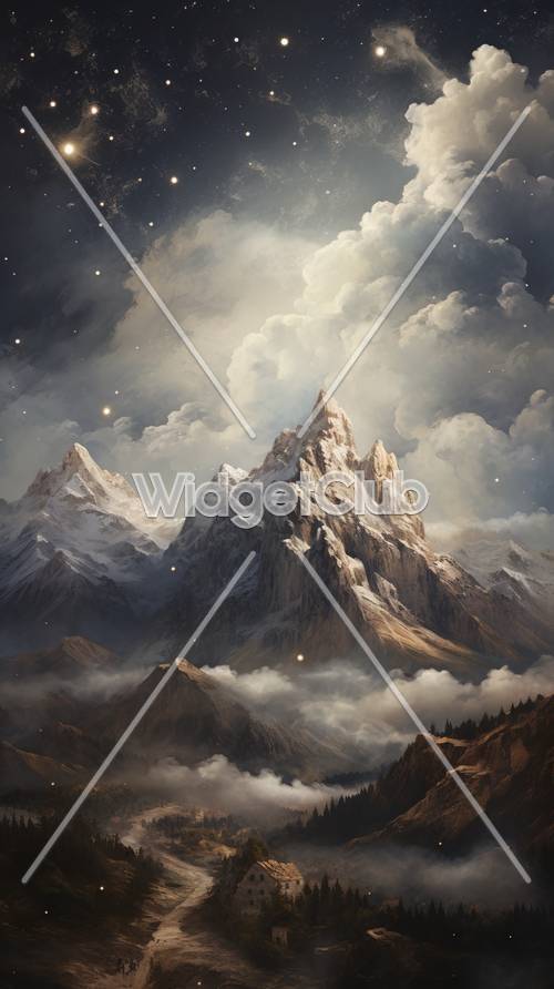 Majestosos picos de montanhas com nuvens e estrelas