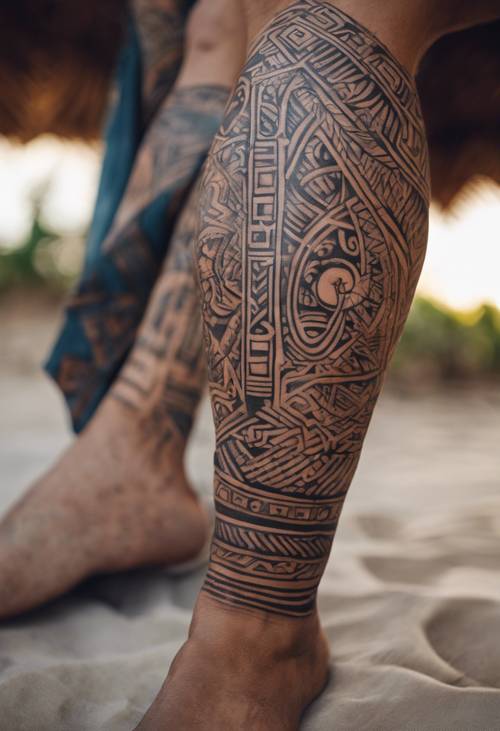 Tatuagem simbólica polinésia adornando a perna, repleta de formas e padrões tribais. Papel de parede [95cb4232e4d949f28af0]