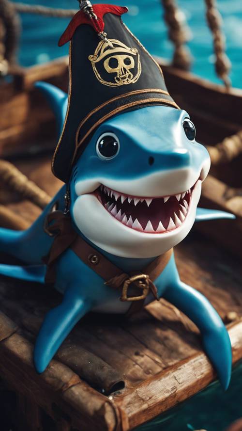 Słodki błękitny rekin z wielkim uśmiechem, w pirackim kapeluszu, na zatopionym statku pirackim.