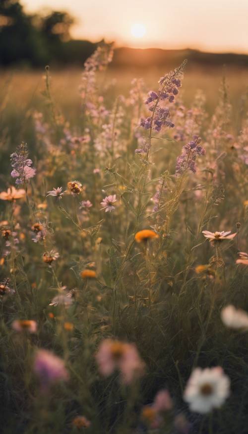 Flores silvestres meciéndose con la brisa tranquila bajo una puesta de sol de verano.