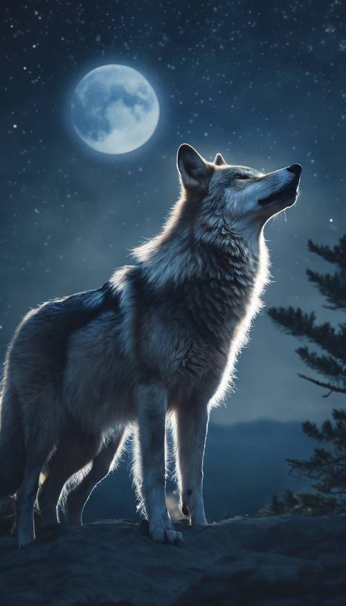 Mystische Szene eines heulenden Wolfes unter dem dunkelblauen Mondhimmel