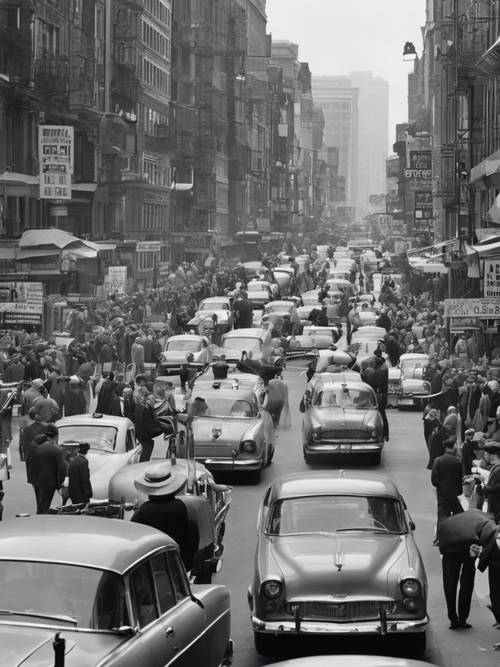 A black and white photograph of a bustling cityscape in the 1960s.