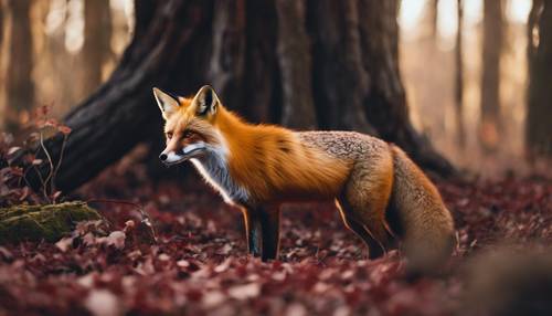 Uma raposa com pêlo vermelho escuro rondando o chão de uma floresta marrom, salpicada de luz solar.