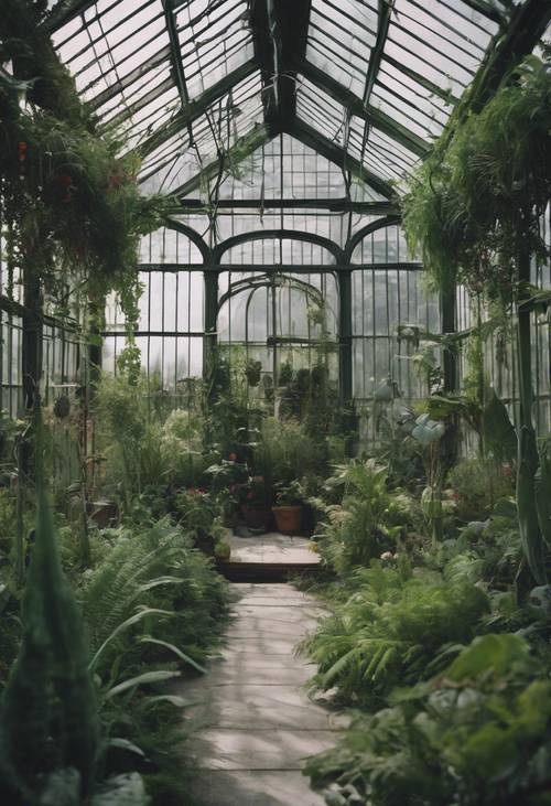 Un invernadero gótico cubierto de diferentes plantas y flores verdes exóticas.