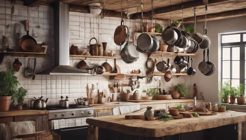 Une cuisine ouverte de style bohème avec des casseroles et des poêles suspendues et des accents en bois