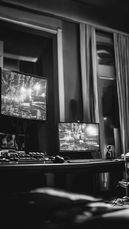A dramatic black and white capture of a room lit by the warm glow of a computer screen during a late-night gaming session.