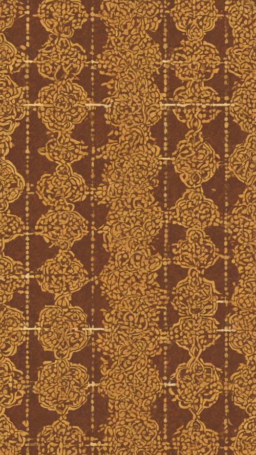 Vintage wallpaper with repeating ornate floral geometric patterns in mustard yellow and brick red.