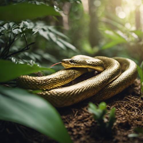 Adult gold snake pacing around in a lush jungle