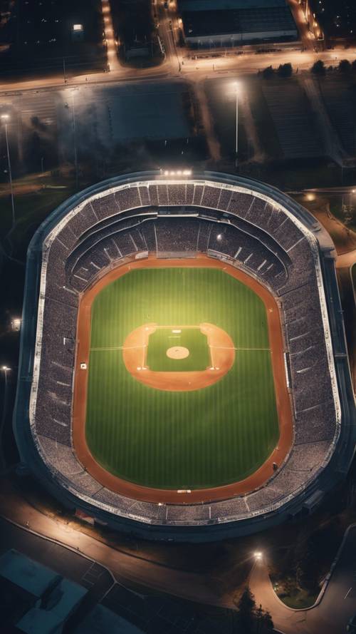 Widok z lotu ptaka na puste boisko baseballowe podświetlone światłami stadionu w pogodną noc.