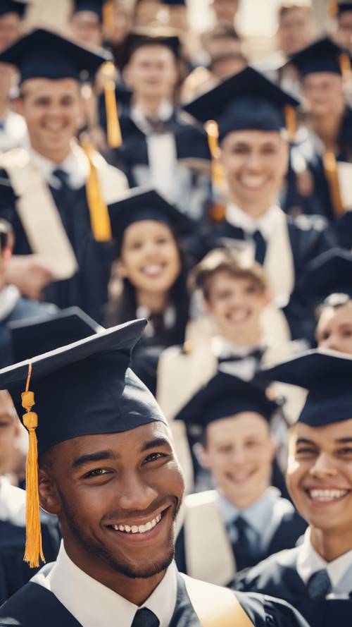A imagem de um jovem graduado sorridente segurando seu diploma para mostrar um grupo de estudantes curiosos e entusiasmados.