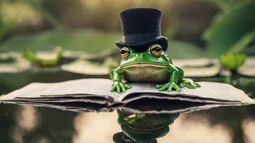 צפרדע בכובע ומונוקל קוראת עיתון על כרית שושן. טפט [b0ddd333718f414da74f]