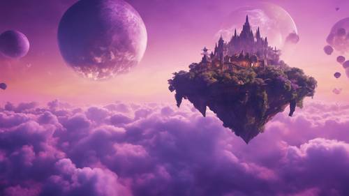 A fantastical world high above the clouds with majestic floating islands and a purple sky.