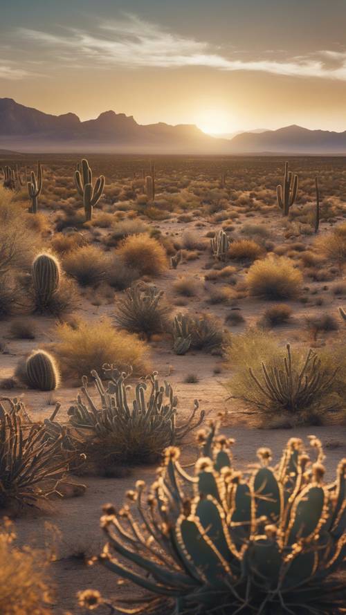 A wide shot of an open desert landscape with a setting sun, cactus plants, tumbleweeds, and distant mountains.