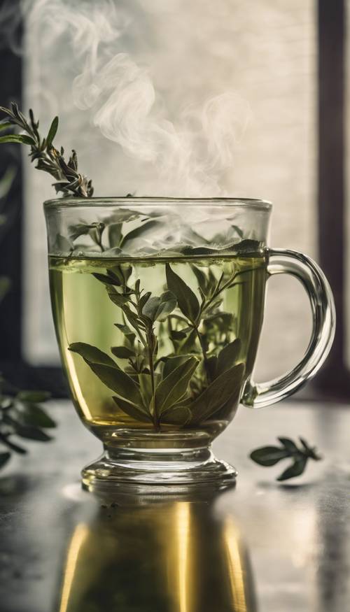 A clear glass mug filled with aromatic sage green tea with steam rising from it.