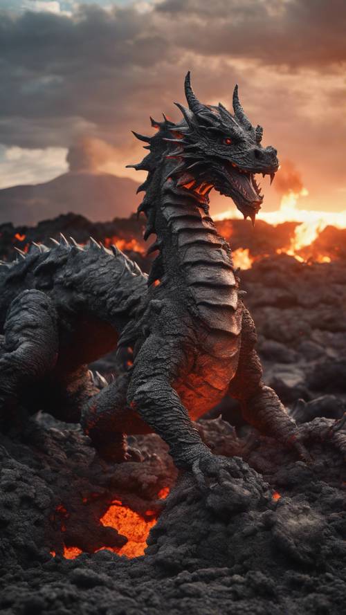 Um terrível dragão vulcânico esculpido em magma e cinzas, pairando sobre um campo de lava.