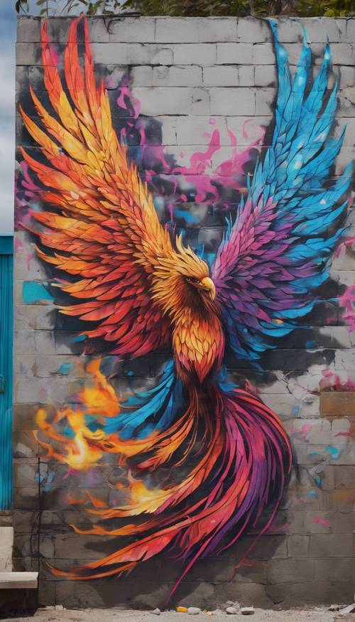 Mural de graffiti de un fénix resurgiendo de sus cenizas, de colores brillantes y vibrantes sobre una pared de bloques de hormigón.