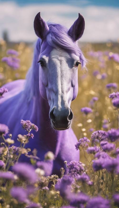 Seekor unicorn ungu muda bermain-main di ladang bunga liar.