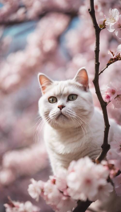 一隻俏皮、胖乎乎的、粉紅色和白色的英國短毛貓從盛開的櫻花樹後面偷看。