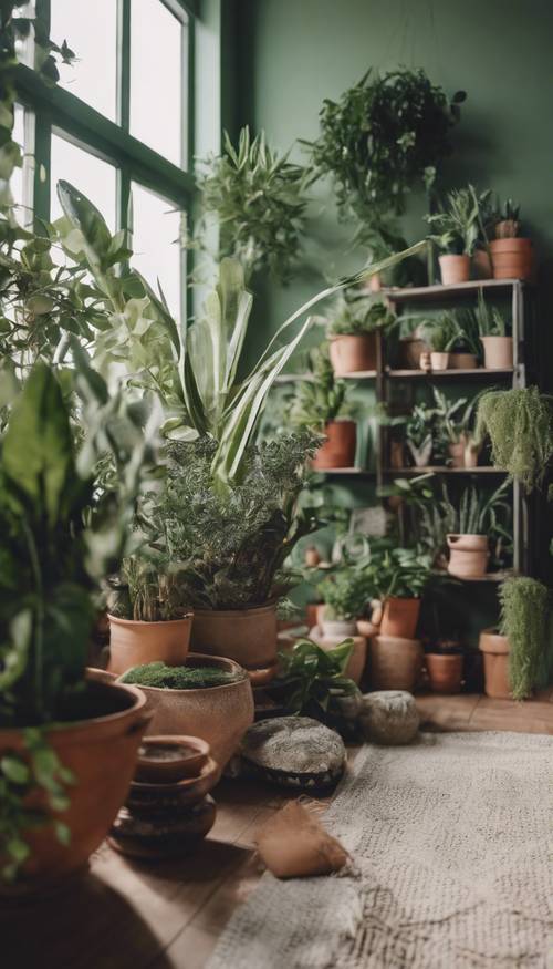 Um canto de plantas internas em uma casa boho verde-sálvia, repleta de uma variedade de plantas ornamentais em vasos.