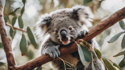 Un koala juvenil aferrado a una rama y alcanzando algunas hojas de eucalipto.