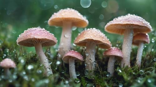 Uma variedade extravagante de cogumelos em tons pastéis polvilhados com o orvalho da manhã, aninhados na grama verde esmeralda.