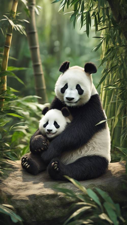 Un panda súper lindo abrazando a su cachorro en medio de un bosque sereno repleto de plantas de bambú.