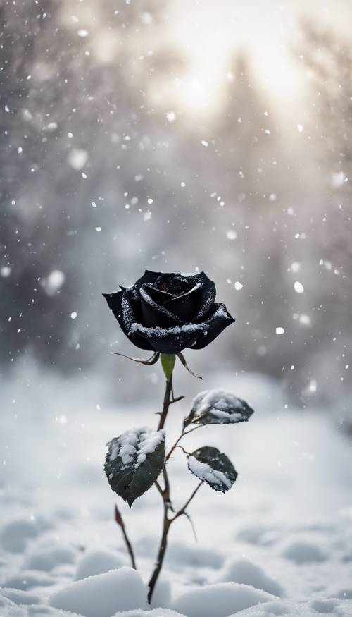 A singular black rose amidst a snowy white landscape.