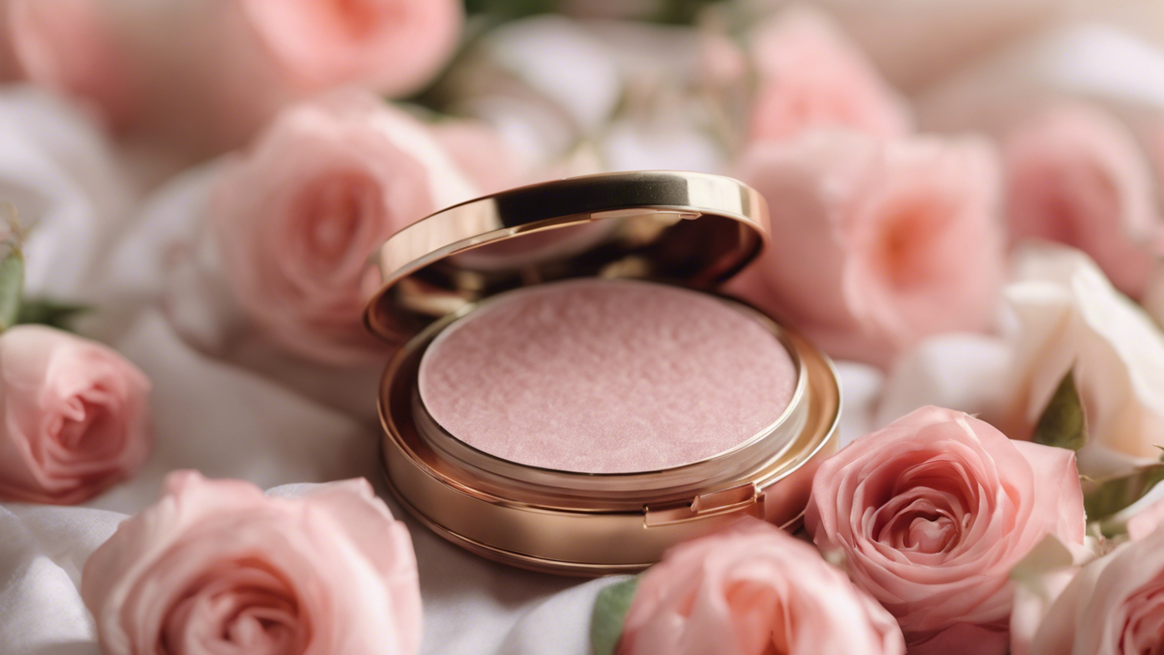 A compact case of blush sitting delicately on a bed of roses. Fondo de pantalla[1073b1bff2a446eda093]