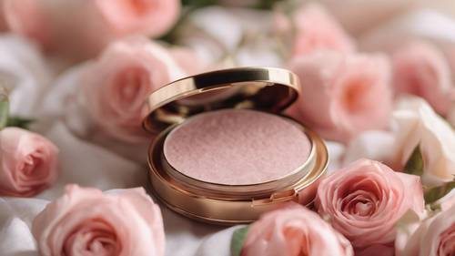 A compact case of blush sitting delicately on a bed of roses.