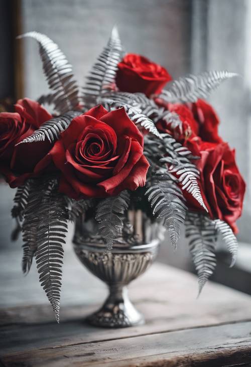 Kompozycja kwiatowa z czerwonymi różami i srebrnymi paprociami.