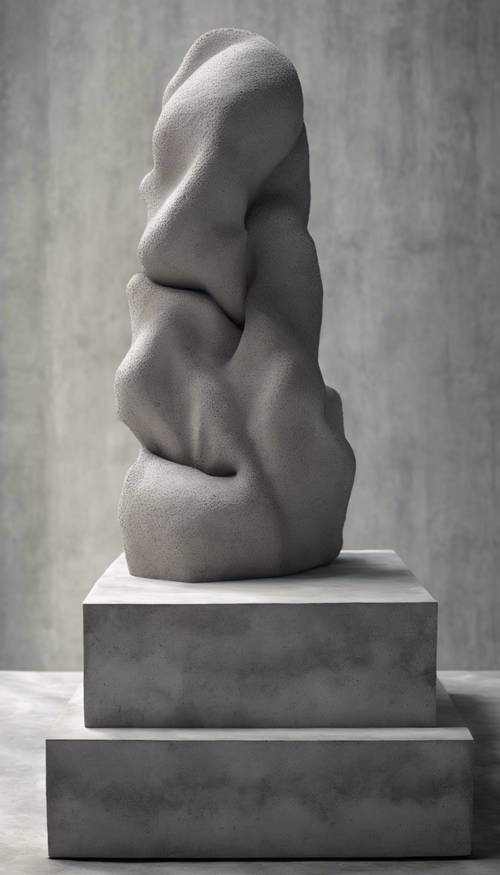 An abstract sculpture handcrafted intricately out of solid gray concrete displayed in an art gallery.