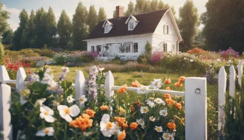 Rumah pertanian pedesaan kuno dengan pagar kayu putih dan taman yang bermekaran dengan segudang bunga dan kupu-kupu.