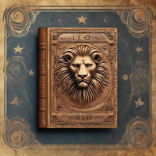 A detailed illustration of Leo zodiac sign symbol in a vintage leather-bound book of astrology.